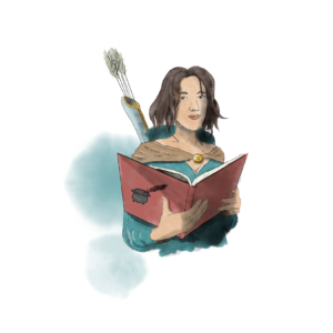 Portrait femme DnD avec livre style Maitre du Jeu