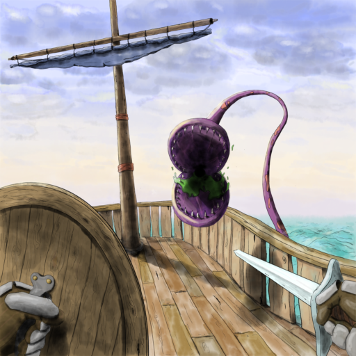 Attaque de créature marique à l'épée sur un navire dans un scénario marin de D&D 5e édition