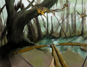 Attaque de striges avec une arbalette dans un scénario donjons et dragons 5e dans un marécage